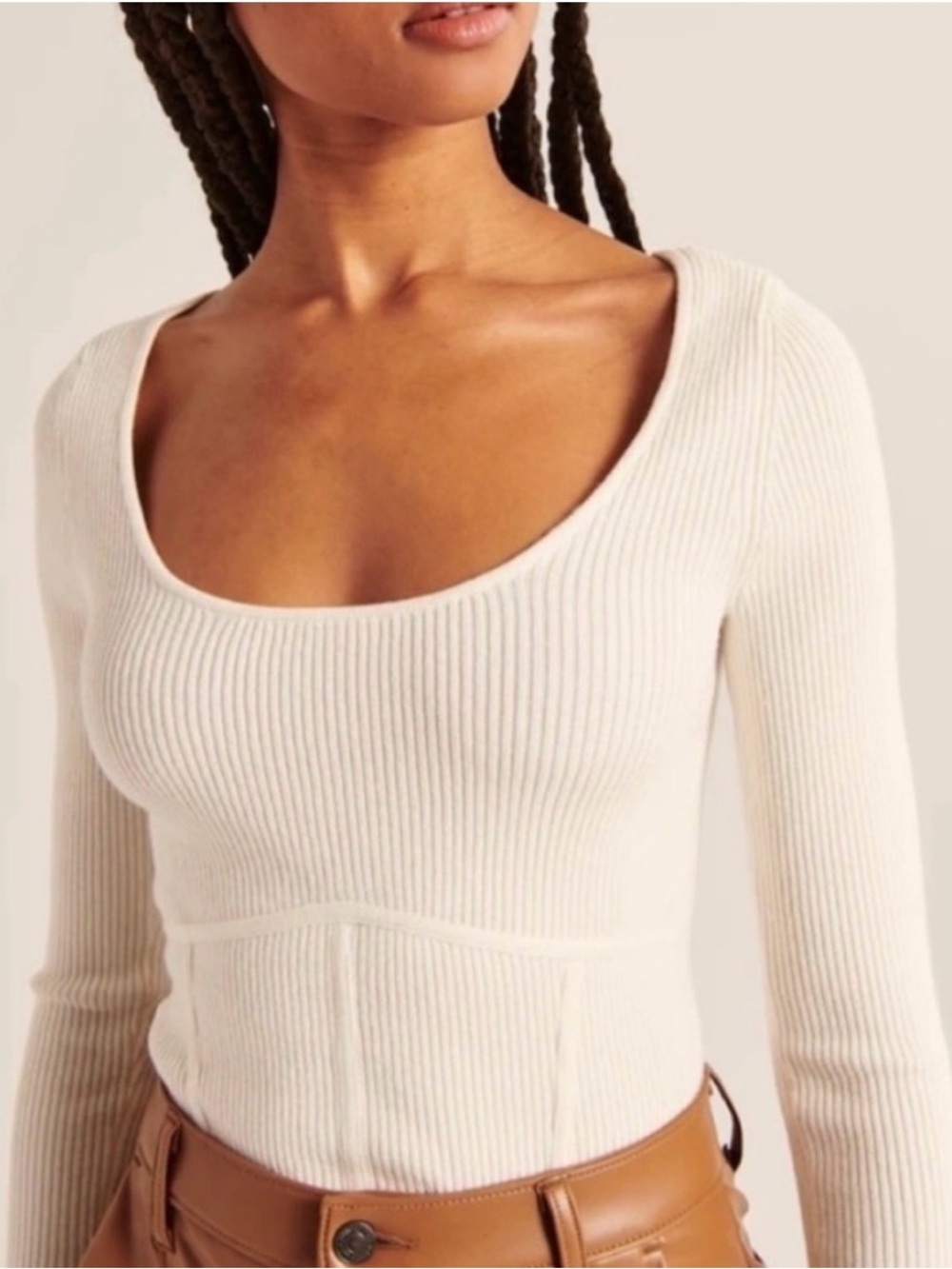 Abercrombie & Fitch White Ribbed Scoop Neck Long Sleeve Top